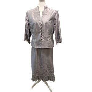 Vtg Plaza South Petite Silver Skirt Suit Set Formal Mother of the Bride Sz 14 P